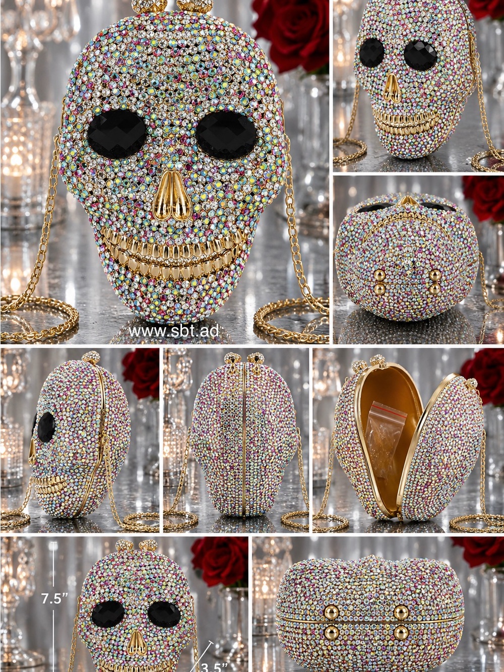 NWT Skull Clutch Purse Sparkling Bling Swarovski Crystal Rhinestone Black +Gift - Picture 7 of 15